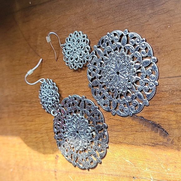 Silver Mandala Dangle Earrings - Picture 2 of 3